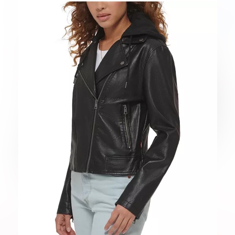 Women’s Black leather Jacket with hoodie